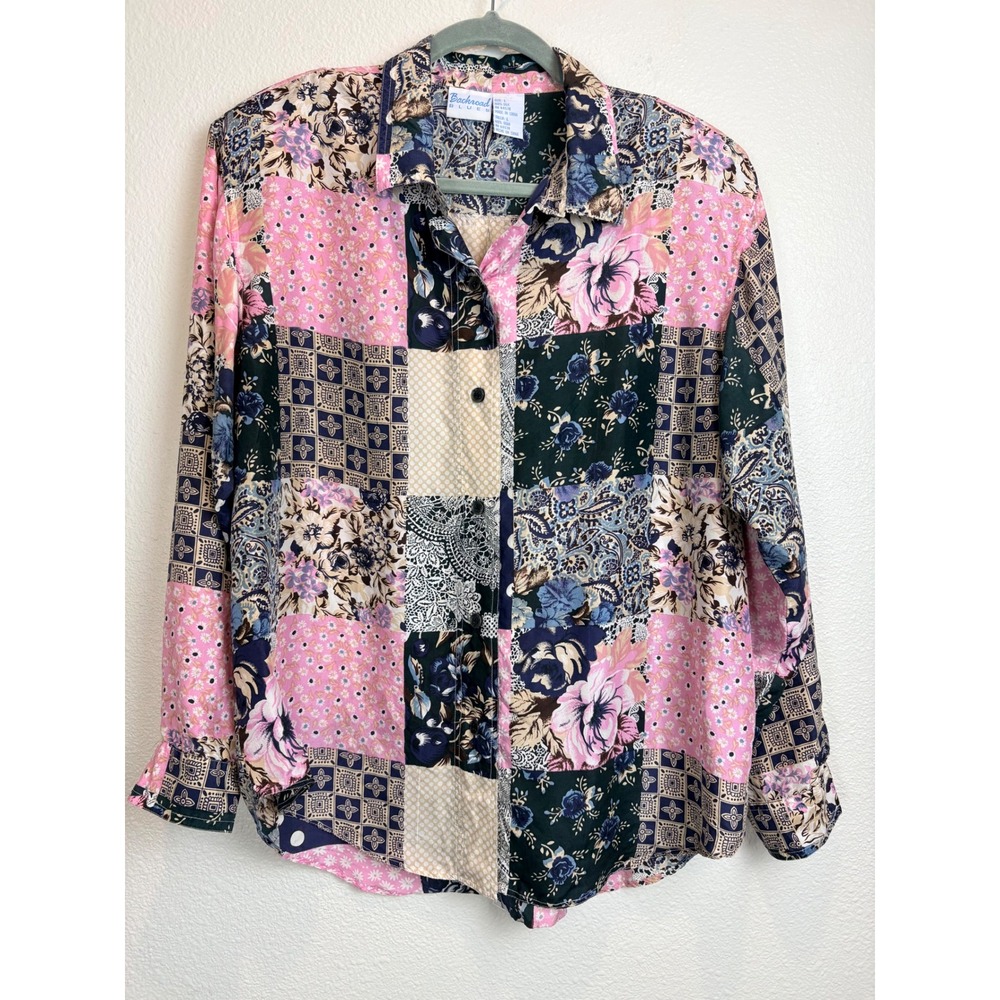 Backroad Blues Top 100% Silk Patchwork Floral Paisley Boho Cottagecore Large